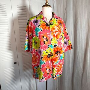 Nikki Blouse Size L  Vintage Women’s Tropical Colorful Button Down Collared Top
